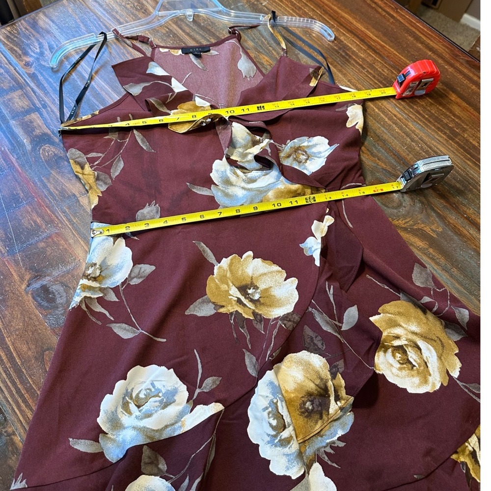 Mine Romantic Burgundy Floral Ruffle Mini Dress Sleeveless Size Large Woman's - Picture 13 of 16